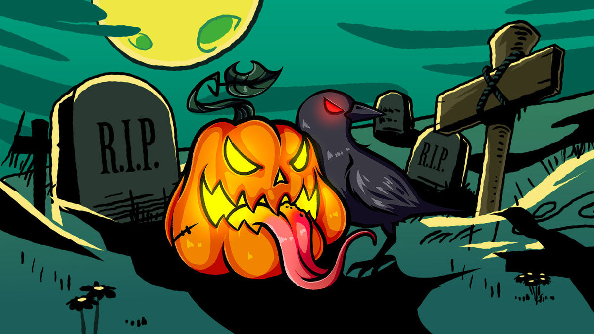 Gruselige Halloween-Szene auf einem Friedhof mit leuchtendem Kürbis, schwarzem Raben, Grabsteinen und Vollmond.