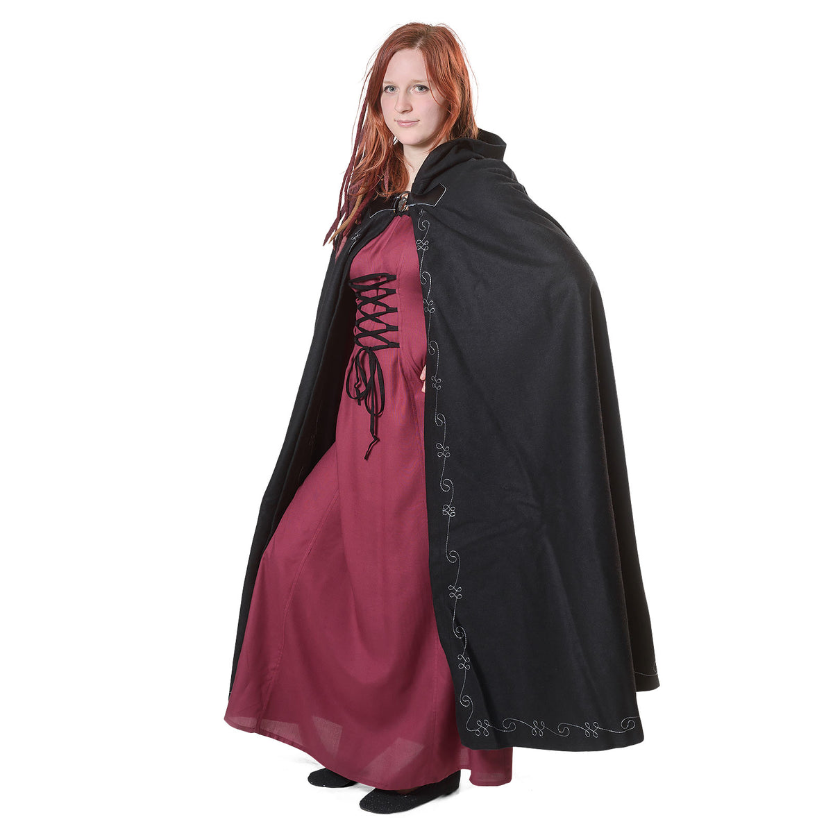 Produktbild Mittelalter Woll Umhang Damen mit Kapuze Stickerei Metallschließe schwarz
