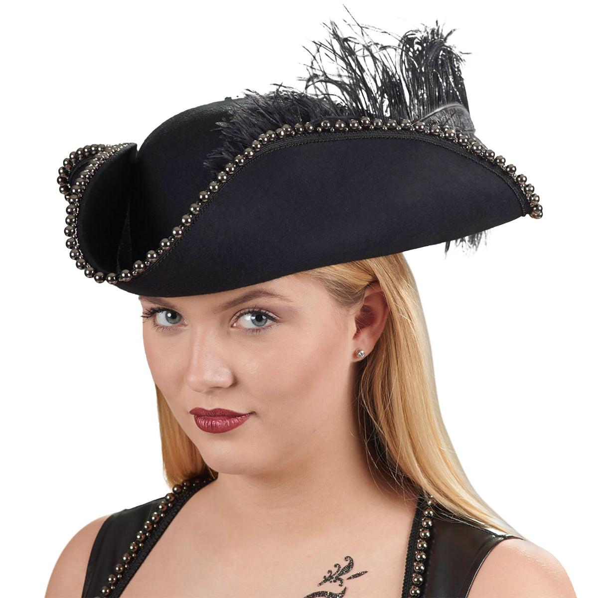 Image produit Tricorne avec bordure de perles et plume noire