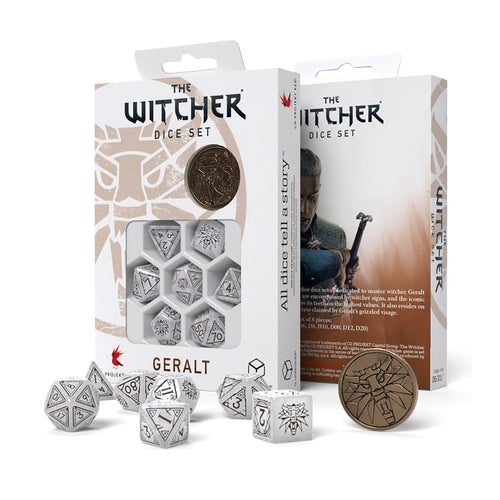 Productafbeelding Witcher - Geralt Witte Wolf RPG Dobbelstenenset 7-delig met verzamelaarsmunt